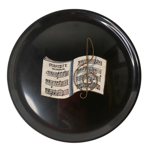 Vintage Couroc Of Monterey Black Music Round Plate Tray G-Clef Quartet 10" - Picture 1 of 5